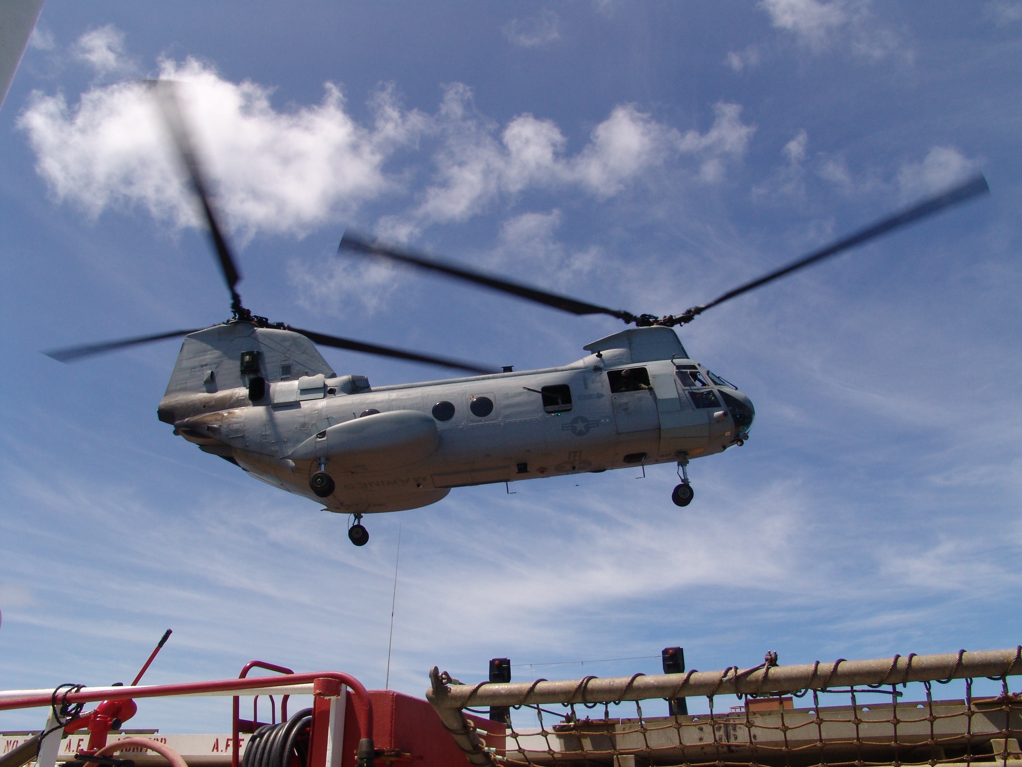 Helicopter on deck aboard the S/S Major Stephen W. Pless