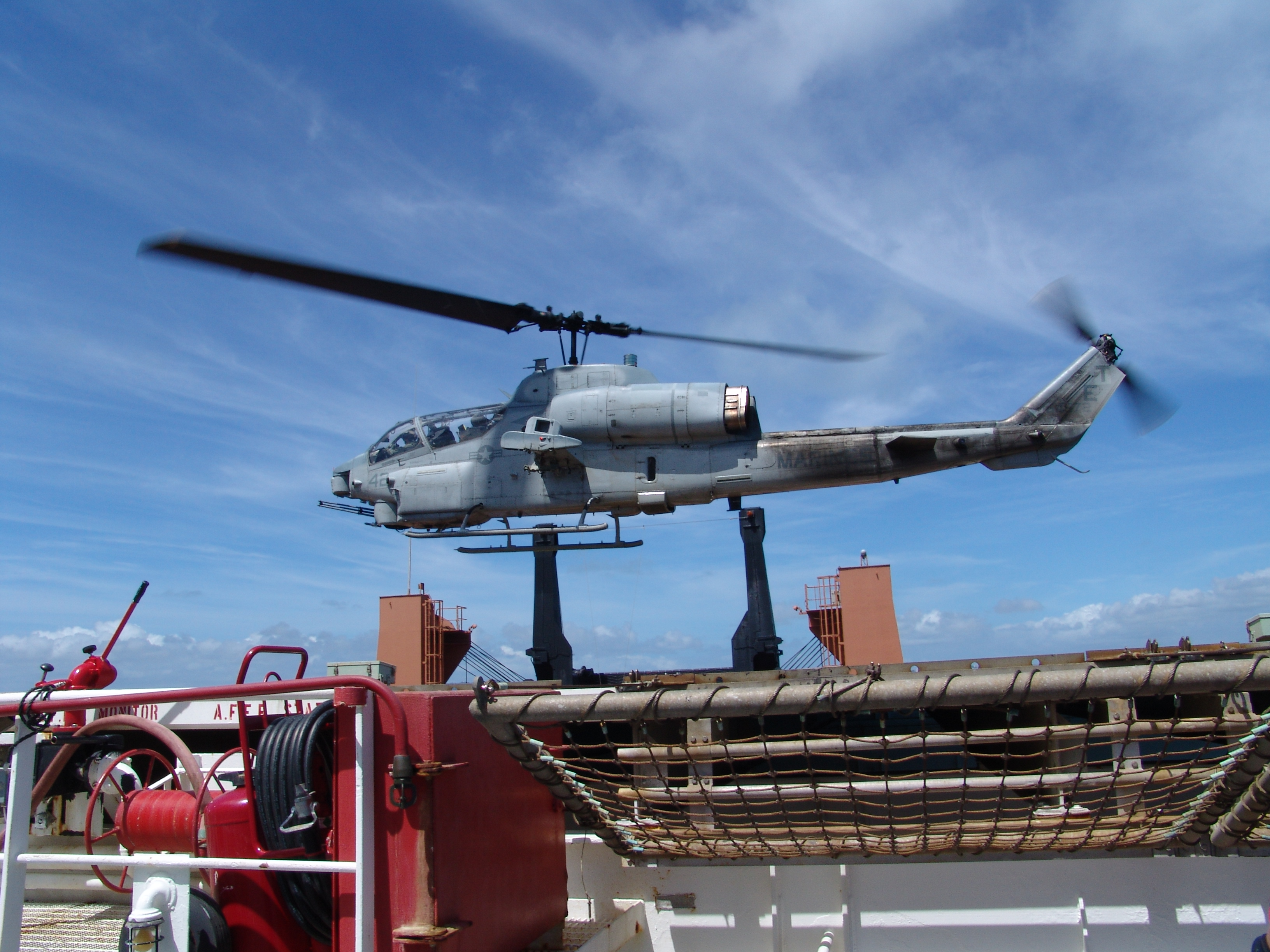 Apache helicopter on deck aboard the S/S Major Stephen W. Pless